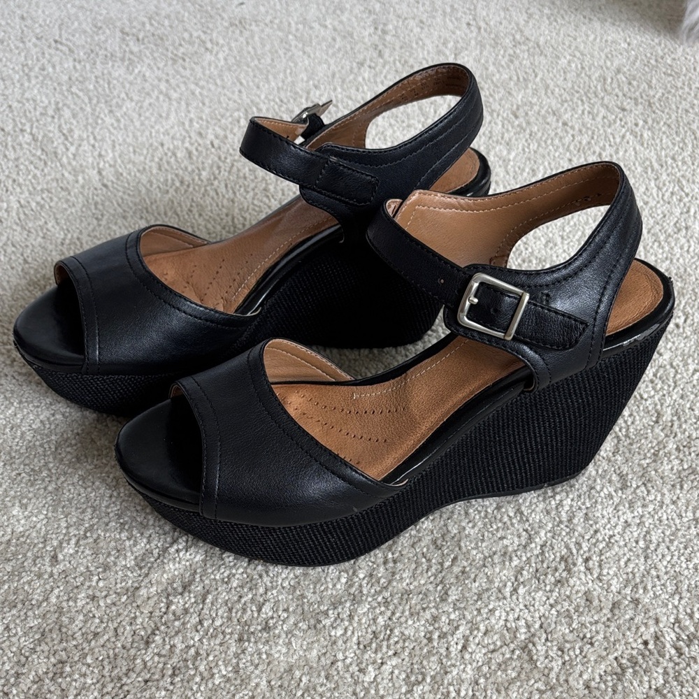 Clarks Black Leather 4” Platform Sandals with Ankle Buckle